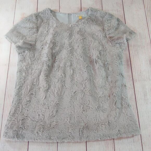 Anthropologie Leifsdottir faux fur zip back short sleeve tee sz L - Picture 7 of 11